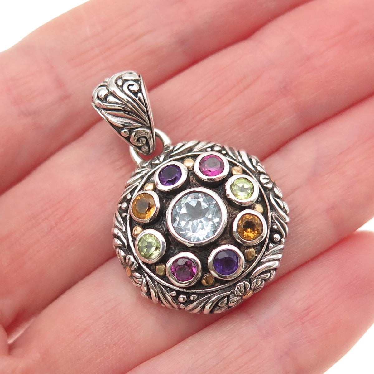 925 Sterling 18K Gold Vintage Real Topaz Pink Amethyst Citrine & Peridot Pendant