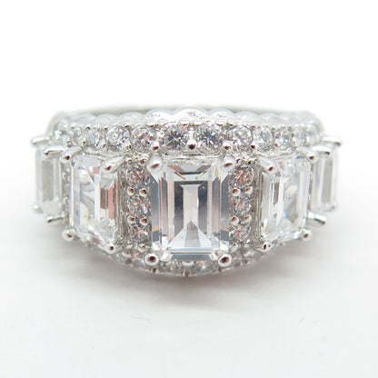 925 Sterling Silver Emerald & Round-Cut C Z Engagement Ring Size 7