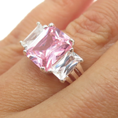 925 Sterling Silver White & Pink Radiant-Cut Shaped C Z Ring Size 5.5