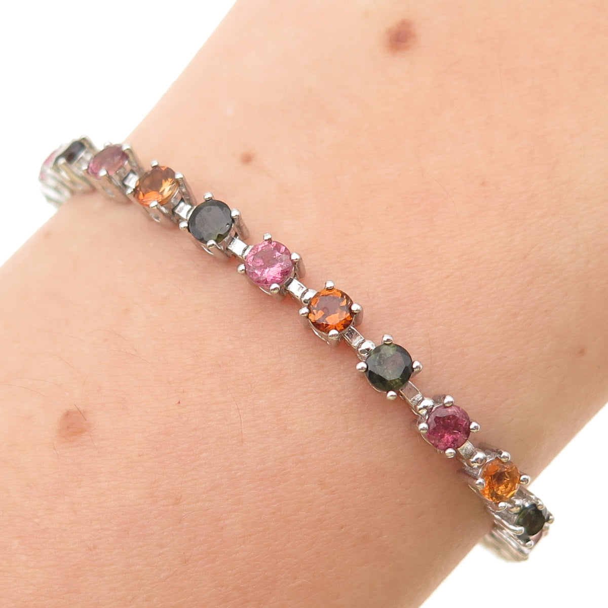 925 Sterling Silver Real Multi-Color Tourmaline Adjustable Bolo Bracelet 6-9.25"