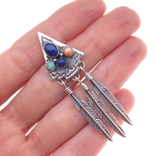 D’Anz Old Pawn 925 Sterling Vintage Lapis Turquoise Coral Feather Slide Pendant
