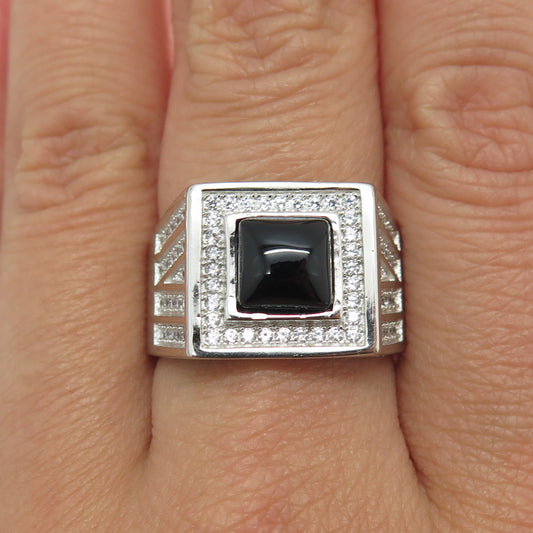 925 Sterling Silver Real Black Onyx & Round-Cut C Z Ring Size 9.25