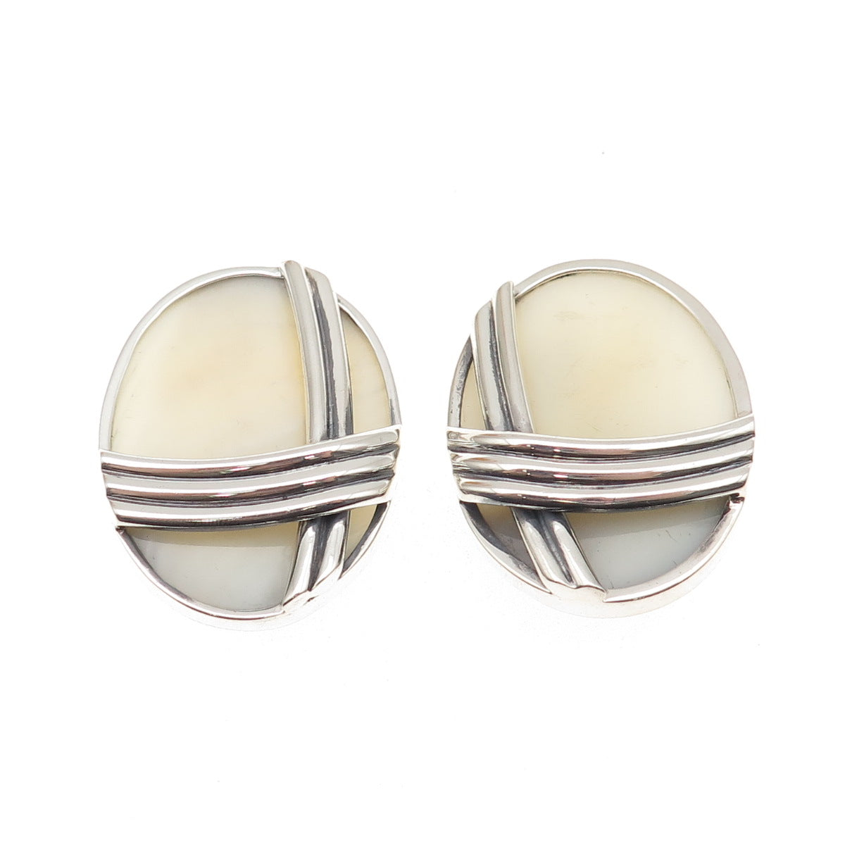 Ture Designs 925 Sterling Silver Vintage Real MOP Modernist Clip On Earrings