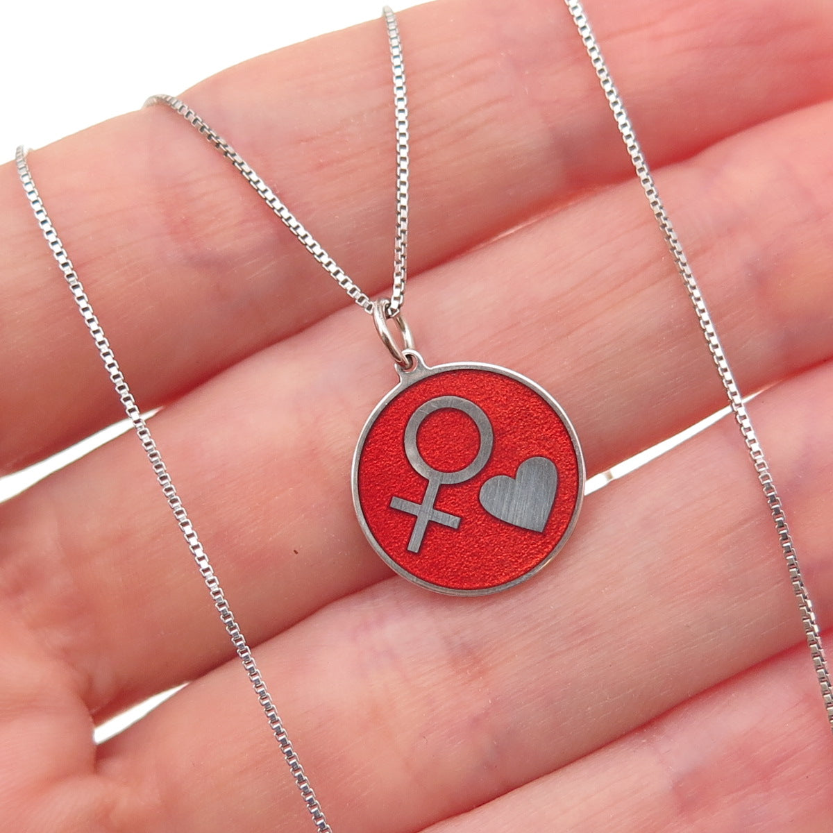 925 Sterling Silver Red Enamel Female Symbol Heart Box Chain Necklace 18"