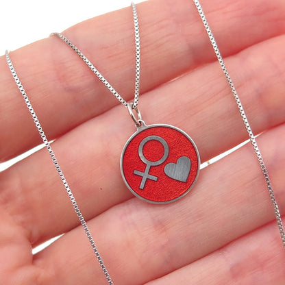 925 Sterling Silver Red Enamel Female Symbol Heart Box Chain Necklace 18"