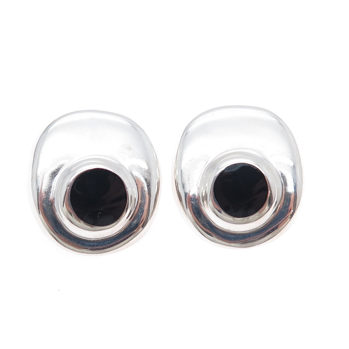 925 Sterling Silver Vintage Mexico Real Black Onyx Modernist Clip On Earrings
