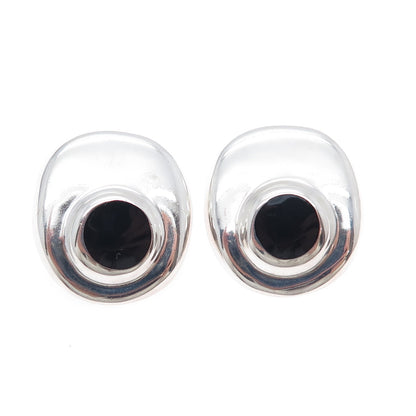 925 Sterling Silver Vintage Mexico Real Black Onyx Modernist Clip On Earrings