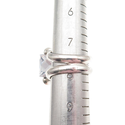 950 Silver Vintage Princess-Cut C Z Modernist Oxidized Adjustable Ring Size 8