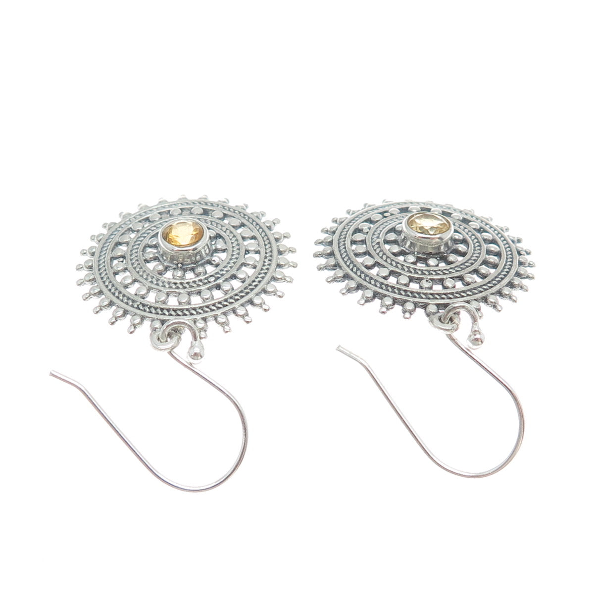 925 Sterling Silver Vintage Real Yellow Topaz Wheel of Fortune Dangle Earrings