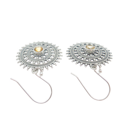 925 Sterling Silver Vintage Real Yellow Topaz Wheel of Fortune Dangle Earrings