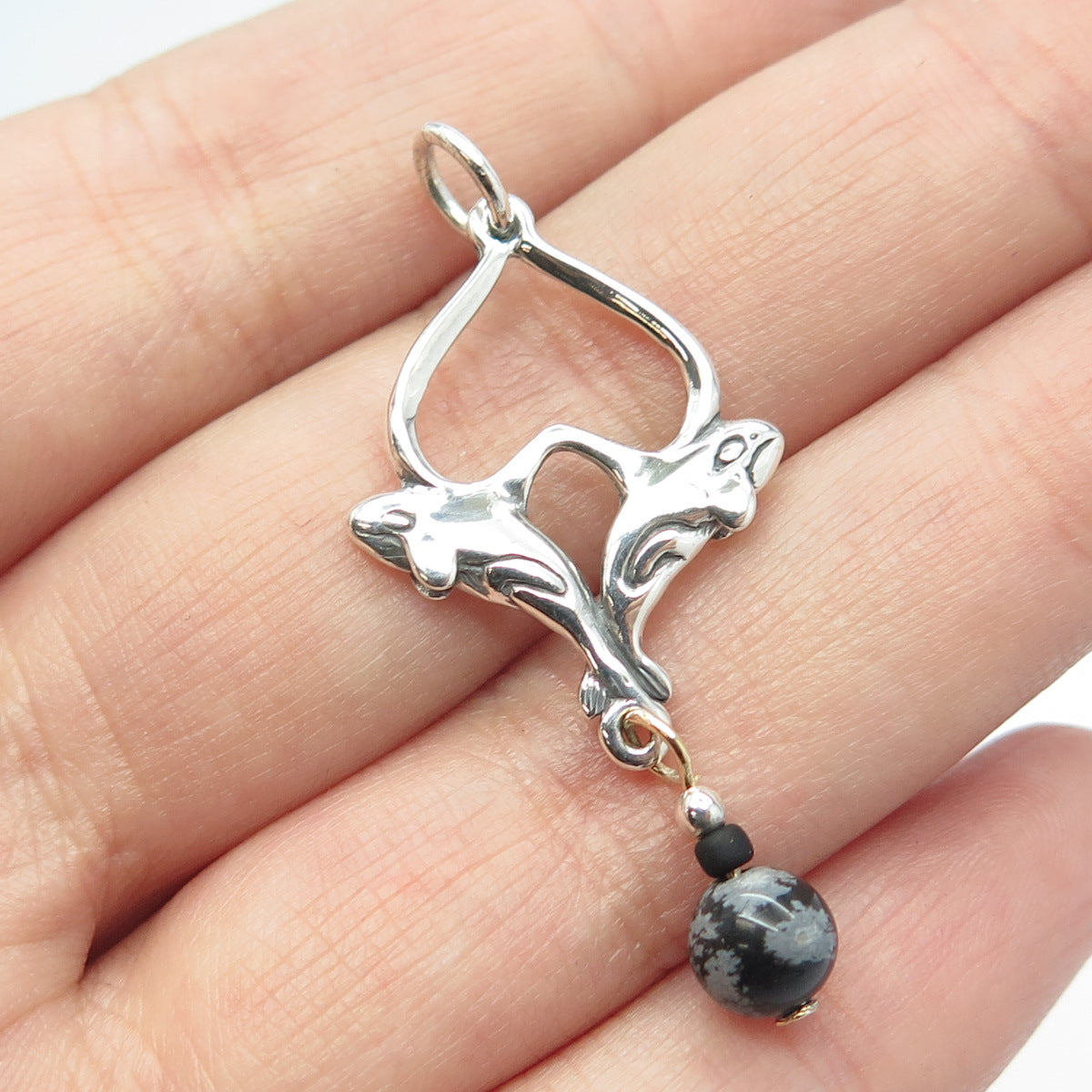 925 Sterling Silver Vintage Snowflake Obsidian Gem Couple of Dolphins Pendant