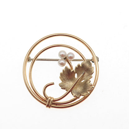 Krementz Gold Filled Vintage Real Pearl Floral Leaf Pin Brooch