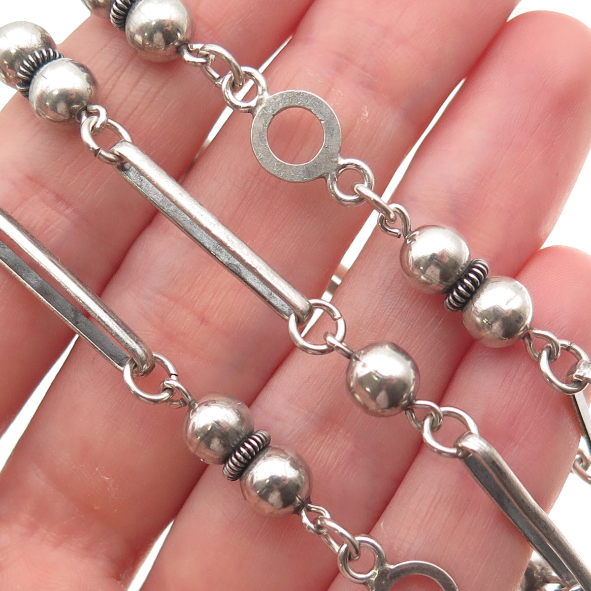 925 Sterling Silver Antique Art Deco Cannetille Beaded Bar Chain Necklace 24"