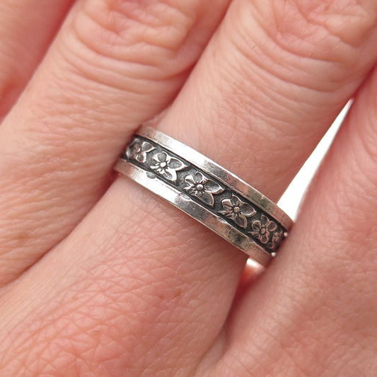 925 Sterling Silver Vintage Forget Me Not Floral Oxidized Band Ring Size 8