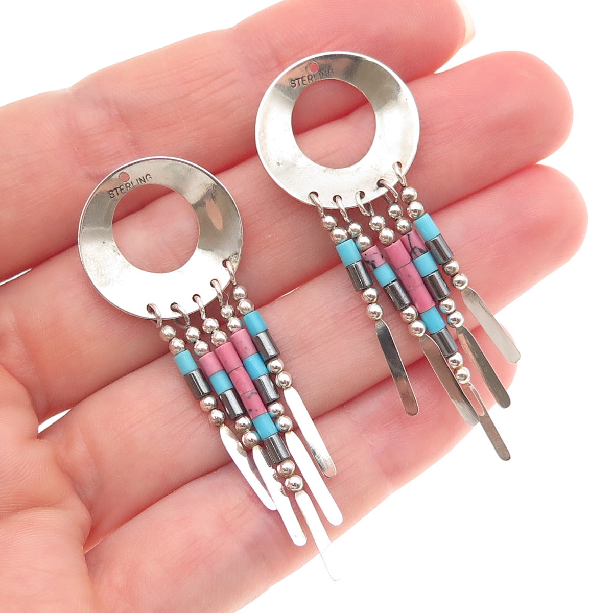 Old Pawn Sterling Silver Vintage Turquoise Hematite & Rhodonite Jacket Earrings