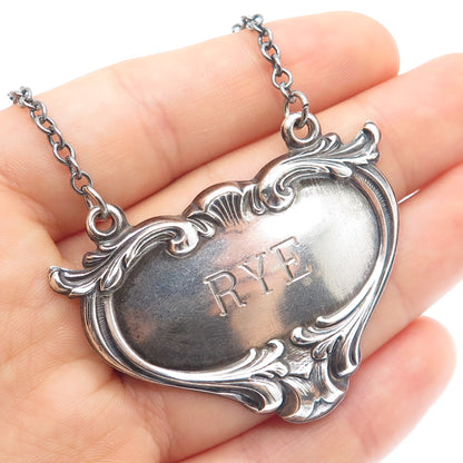925 Sterling Silver Antique Art Deco Rye Repousse Bottle Tag