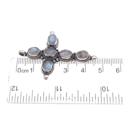 925 Sterling Silver Vintage Real Moonstone Cross Oxidized Pendant