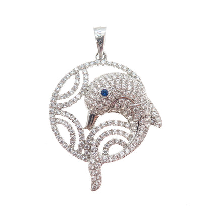925 Sterling Silver Round-Cut Blue & White C Z Dolphin Charm Pendant