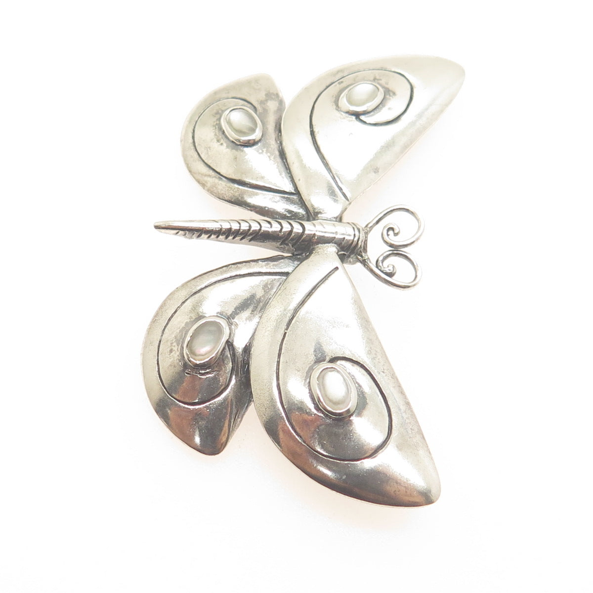 NATURE 925 Sterling Silver Vintage Real Mother-of-Pearl Butterfly Pin Brooch