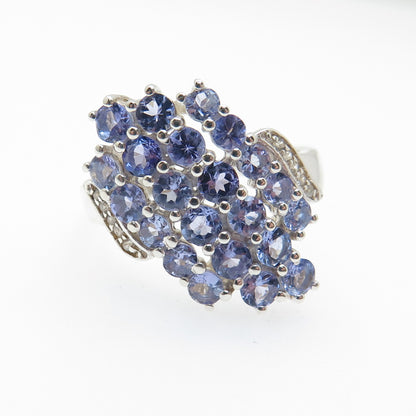925 Sterling Silver Real Round-Cut Tanzanite & White Topaz Cluster Ring Size 7