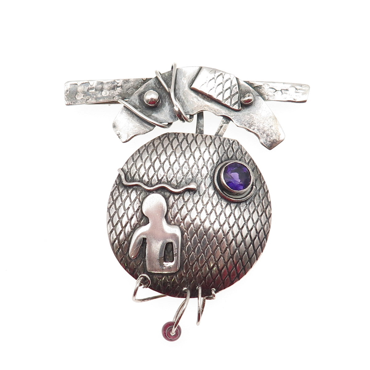 925 Sterling Silver Vintage Real Amethyst & Red Garnet Modernist Pin Brooch