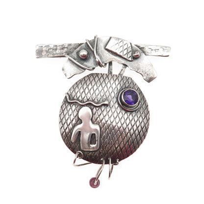 925 Sterling Silver Vintage Real Amethyst & Red Garnet Modernist Pin Brooch