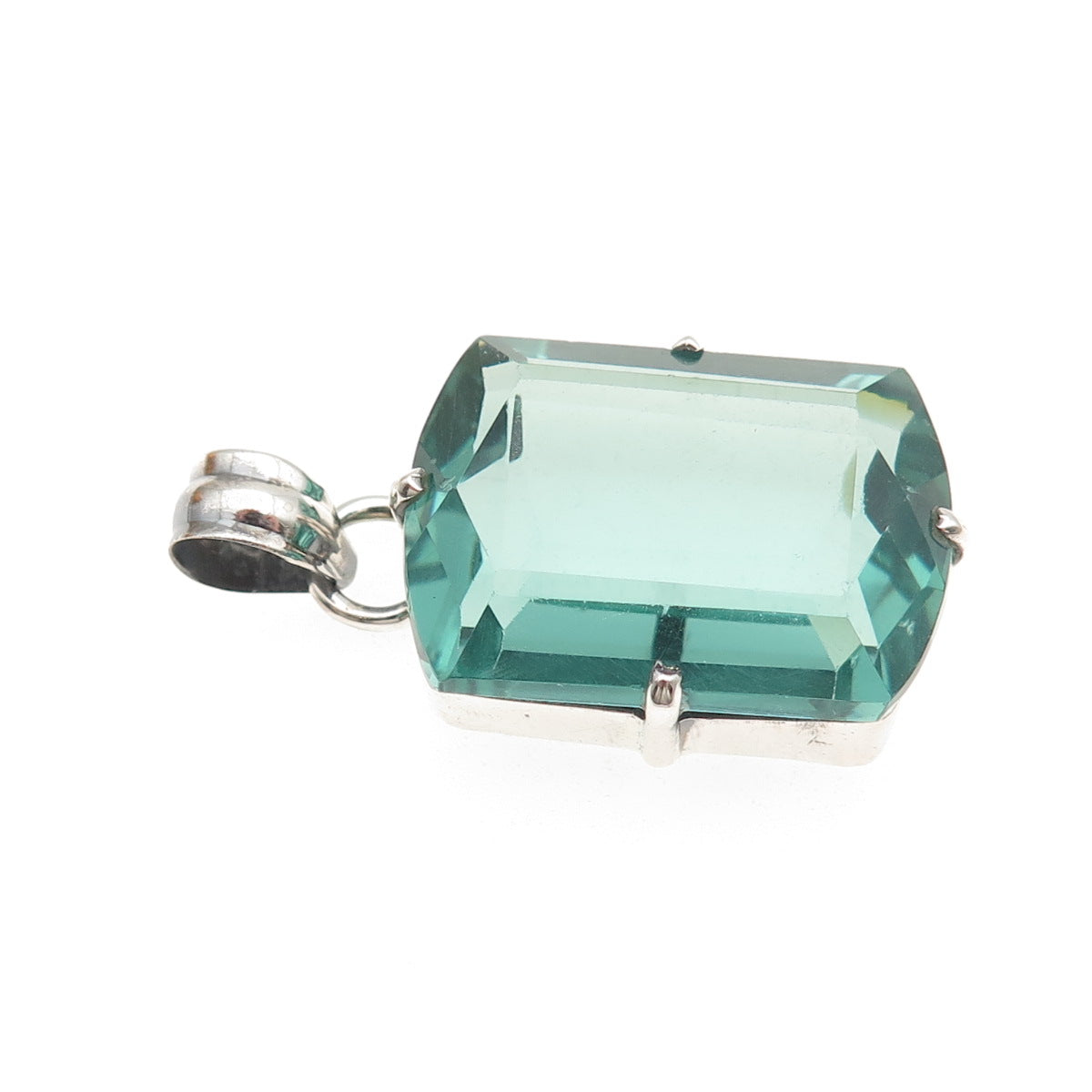 925 Sterling Silver Vintage Emerald-Cut Mint Green Glass Charm Pendant