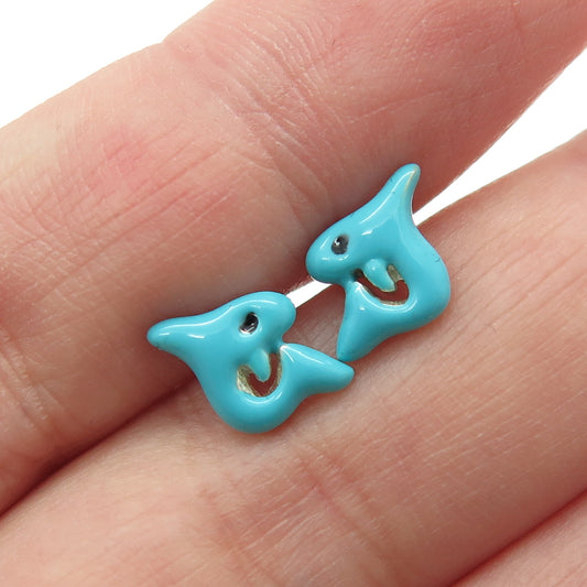 925 Sterling Silver Turquoise-Color Enamel Shark Stud Earrings