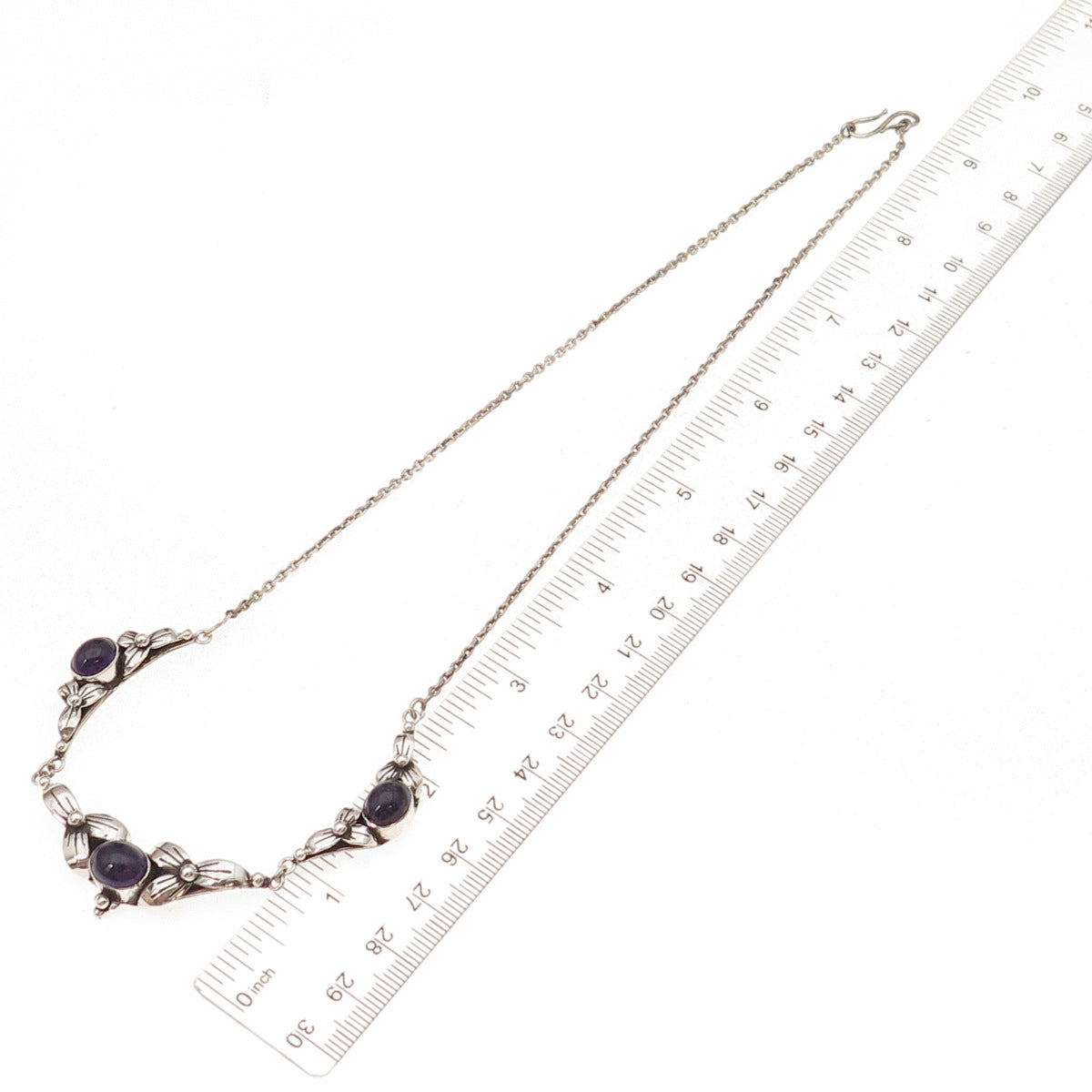 925 Sterling Silver Vintage Real Amethyst Floral Cable Chain Necklace 18"