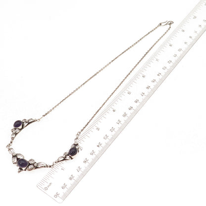 925 Sterling Silver Vintage Real Amethyst Floral Cable Chain Necklace 18"
