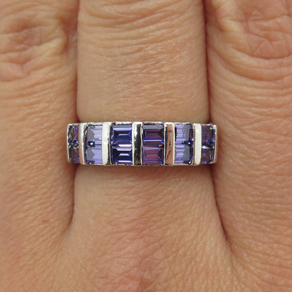 925 Sterling Silver Emerald-Cut Purple C Z Ring Size 7.75