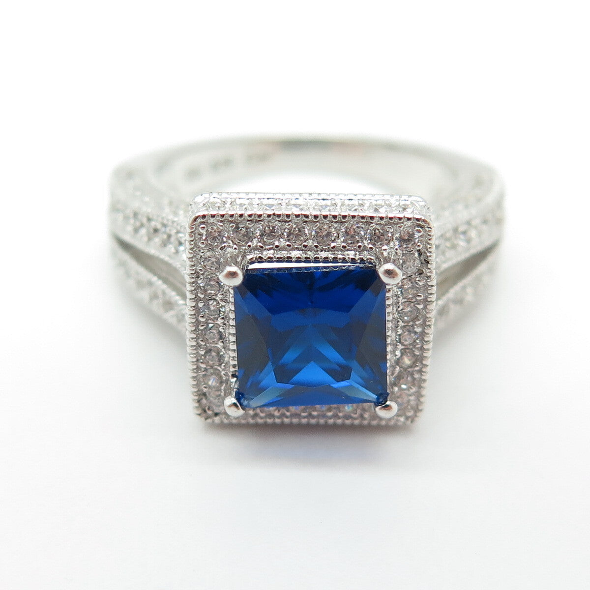 925 Sterling Silver Lab-Created Blue Sapphire & C Z Ring Size 5.25