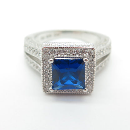 925 Sterling Silver Lab-Created Blue Sapphire & C Z Ring Size 5.25
