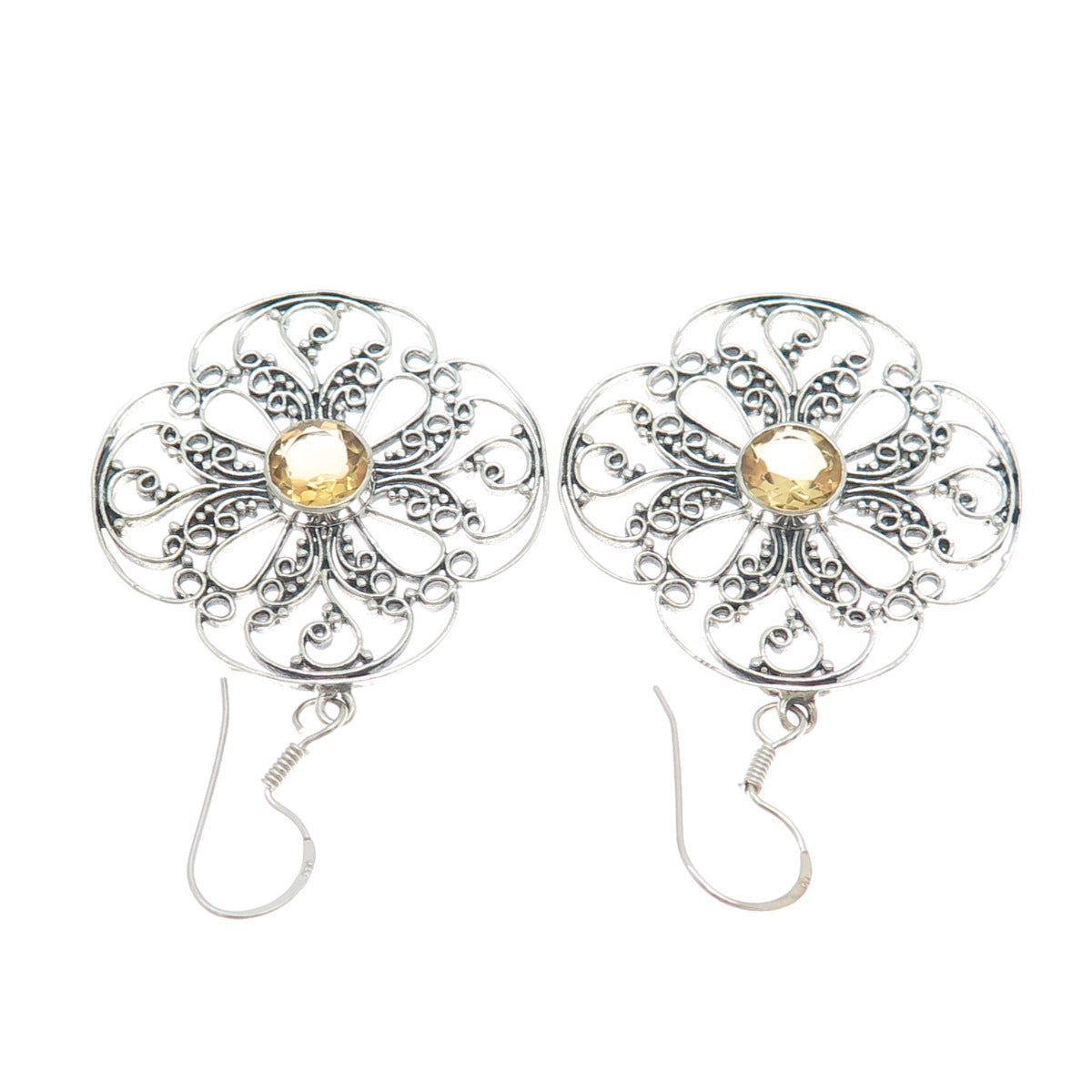 925 Sterling Silver Vintage Real Yellow Topaz Ornate Flower Dangle Earrings