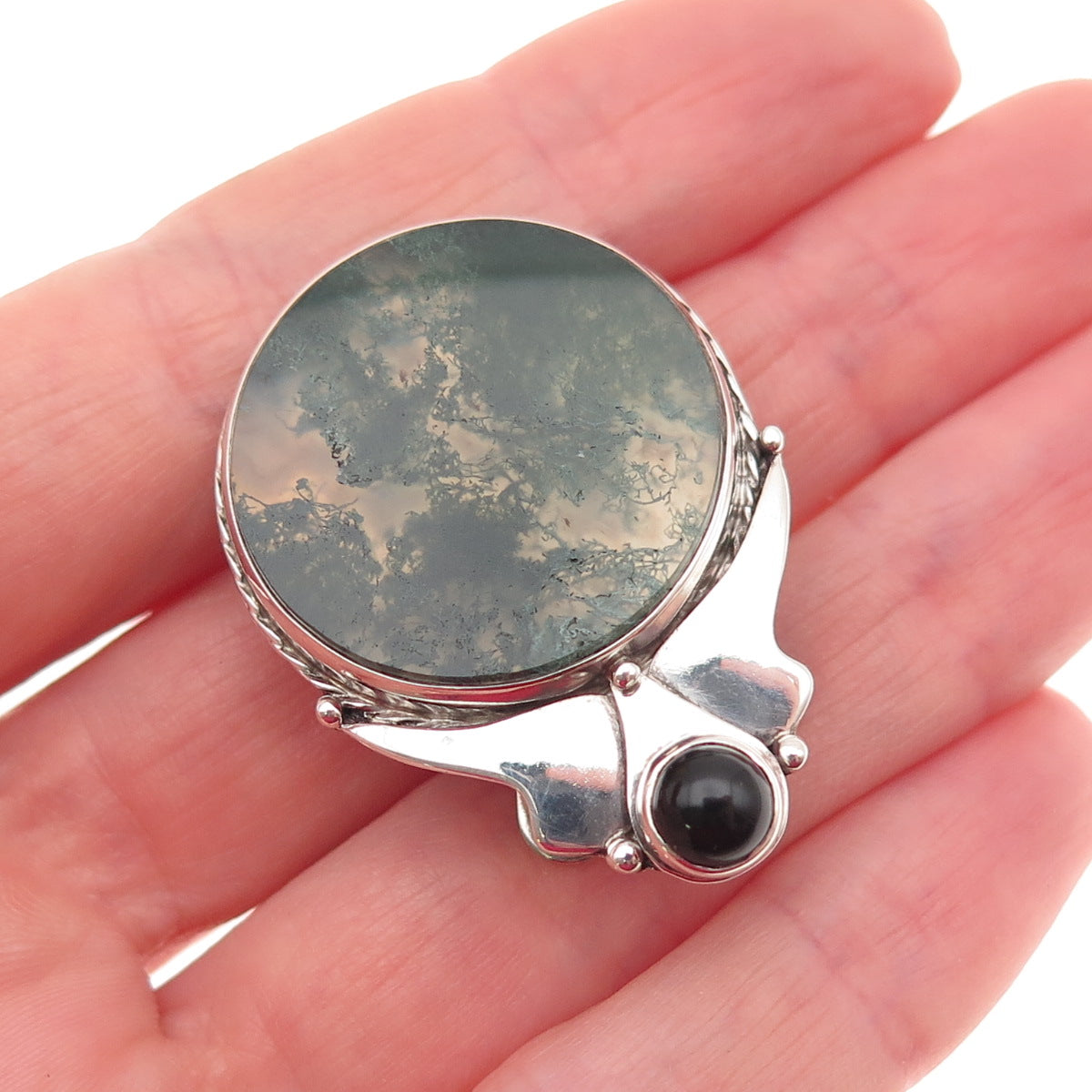 Old Pawn Sterling Silver Vintage Southwestern Agate & Black Onyx Bolo Tie Buckle