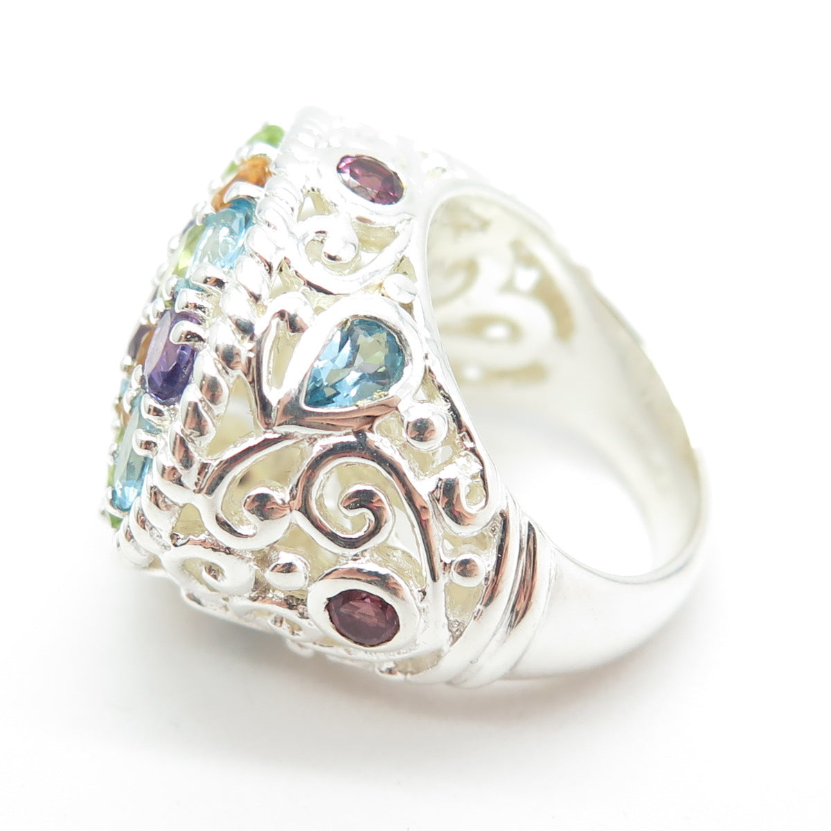 925 Sterling Silver Amethyst Peridot Topaz Citrine Garnet Gem Ornate Ring Size 6