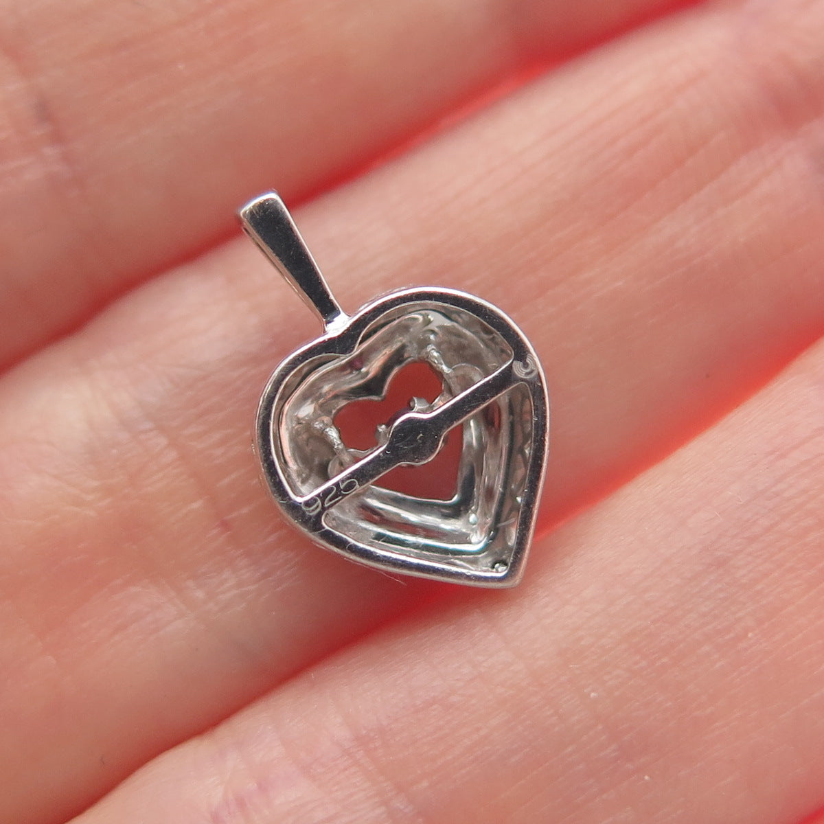 925 Sterling Silver Pink Round-Cut Shaped C Z Open Heart Minimalist Pendant