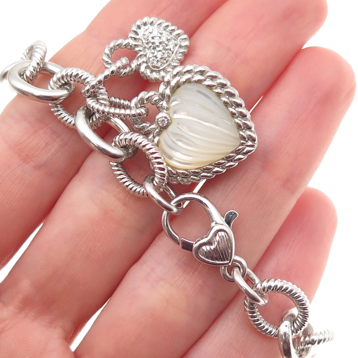 JUDITH RIPKA 925 Sterling Silver Real MOP & C Z Heart Charm Bracelet 7"