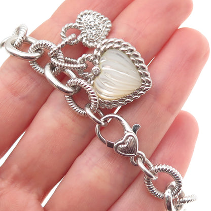 JUDITH RIPKA 925 Sterling Silver Real MOP & C Z Heart Charm Bracelet 7"