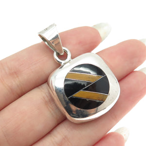925 Sterling Silver Vintage Mexico Real Tiger Eye & Black Onyx Cushion Pendant