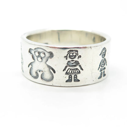 925 Sterling Silver Vintage Mexico Girl Boy & Bear Band Ring Size 11.5