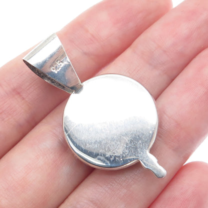 925 Sterling Silver Vintage Real Red Amber & Carved MOP Flower Pendant