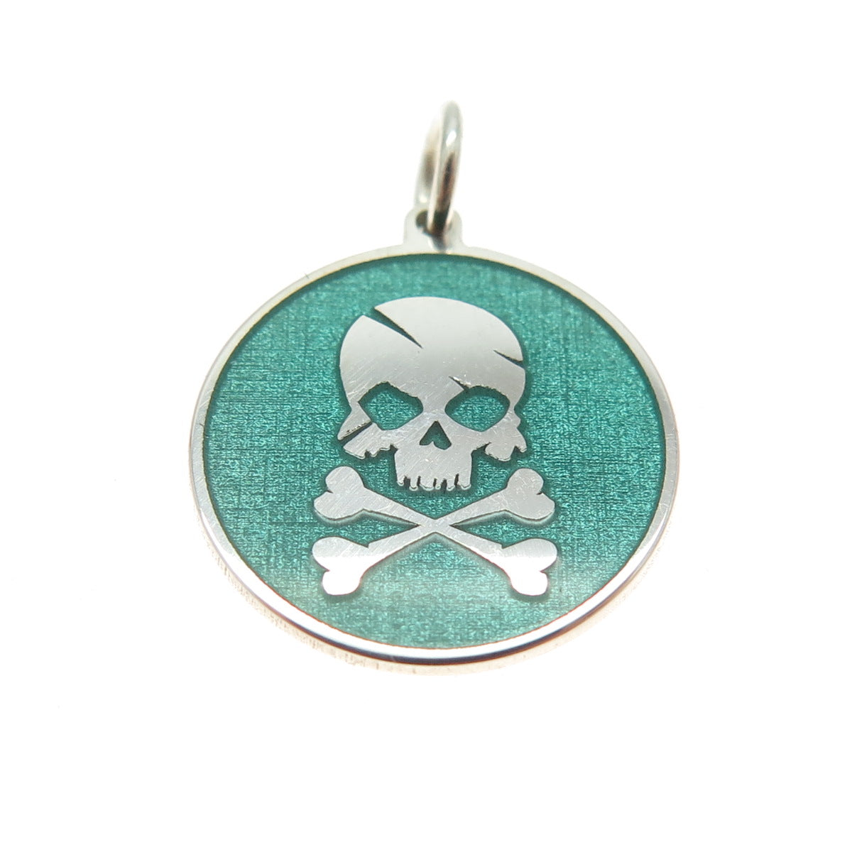 925 Sterling Silver Turquoise Enamel Crossbones Skull Minimalist Round Pendant