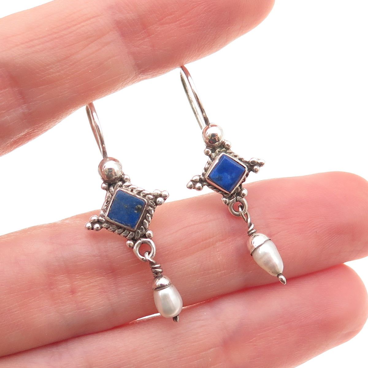 925 Sterling Silver Vintage Real Lapis & Pearl Modernist Dangle Earrings