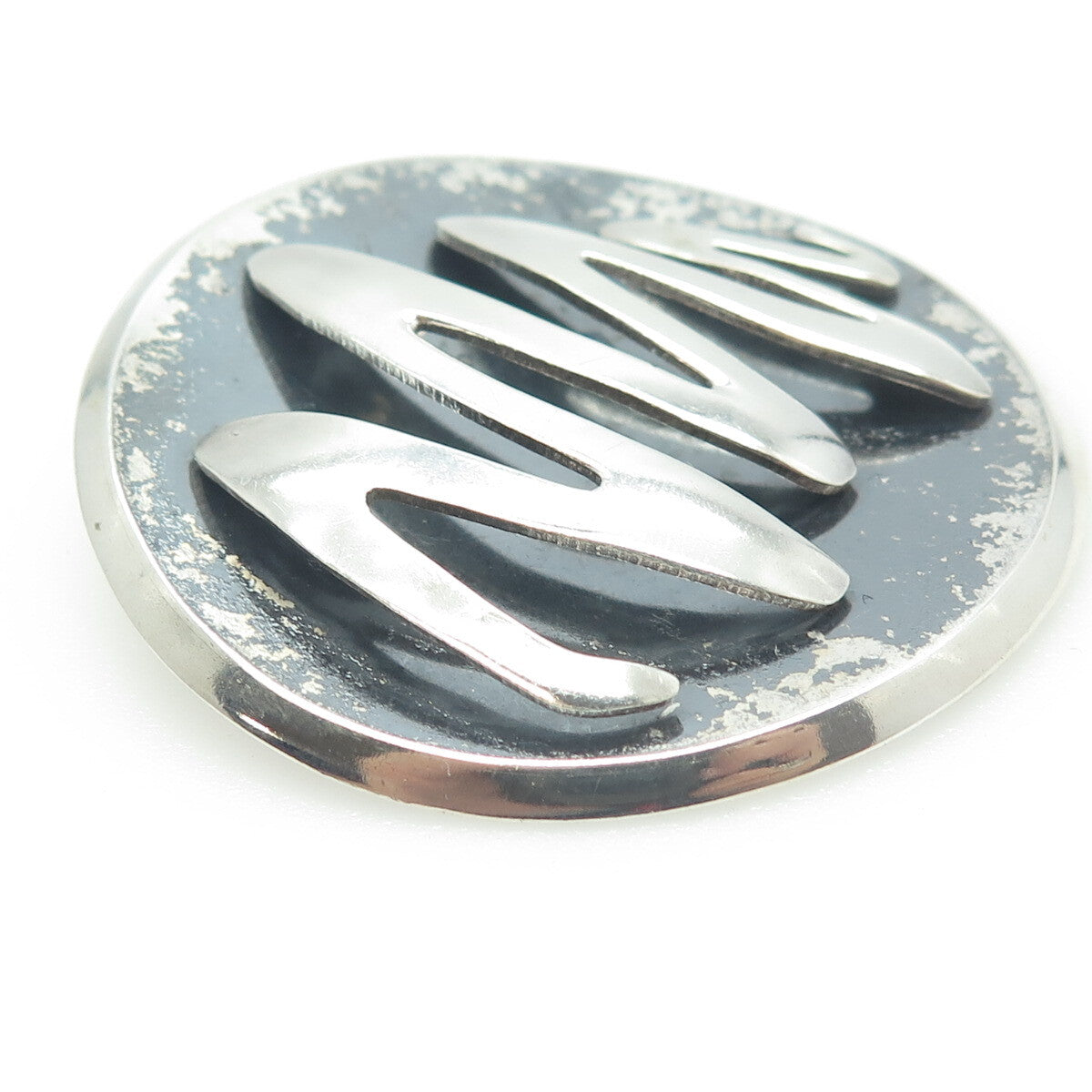 925 Sterling Silver Vintage Mexico Modernist Zig-Zag Round Pin Brooch