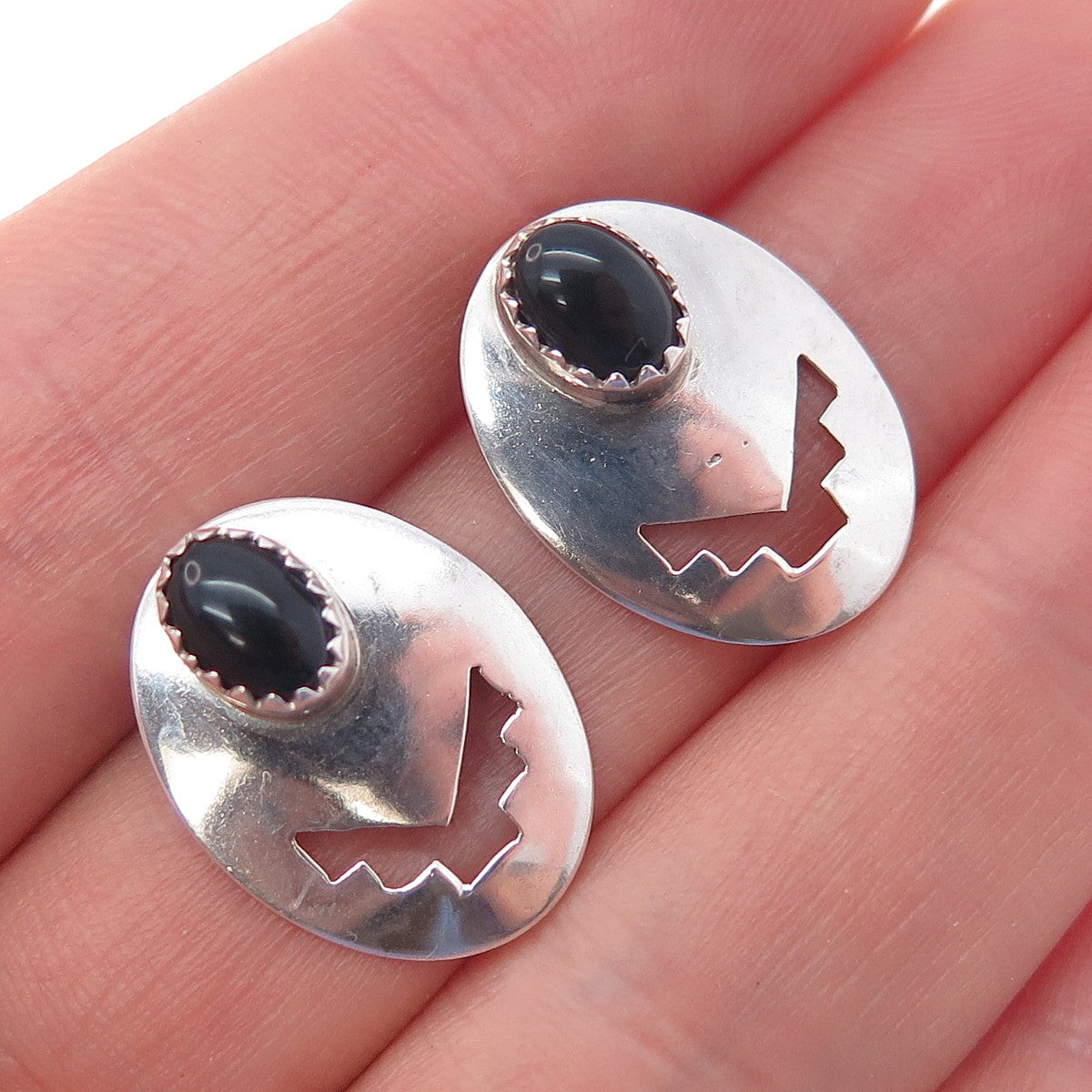 Old Pawn 925 Sterling Silver Vintage Southwestern Black Onyx Tribal Earrings