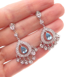 925 Sterling Silver Real Pear-Cut Blue Topaz & C Z Dangle Earrings