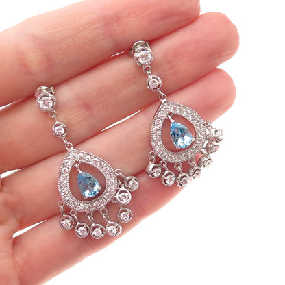 925 Sterling Silver Real Pear-Cut Blue Topaz & C Z Dangle Earrings