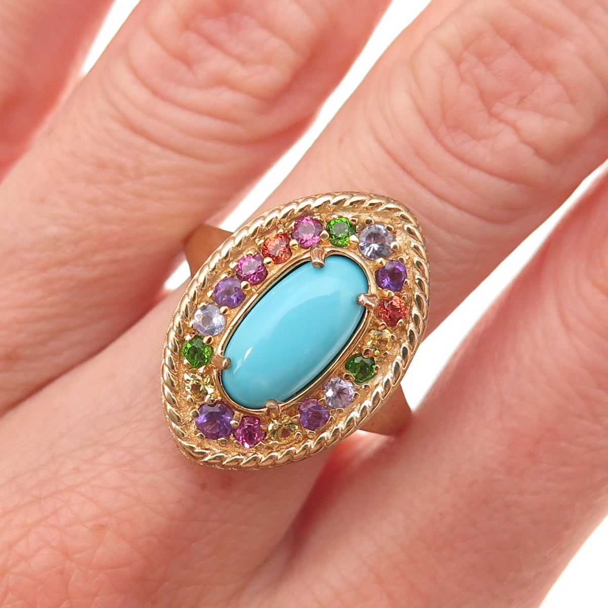 D'Joy 925 Sterling Silver Gold Plated Real Turquoise & Multi-Gem Ring Size 8
