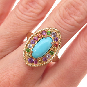 D'Joy 925 Sterling Silver Gold Plated Real Turquoise & Multi-Gem Ring Size 8